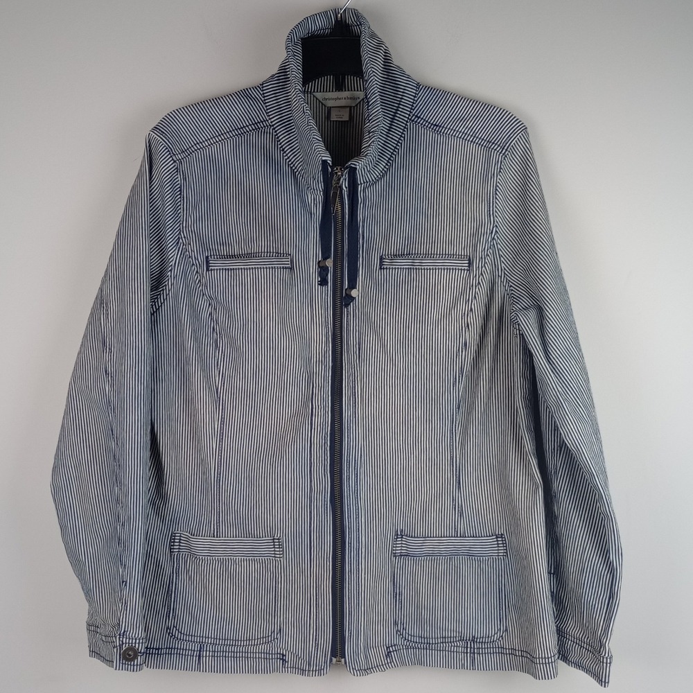 Christopher & Banks Womens L Blue White Striped Denim Zip Up Utility Jacket